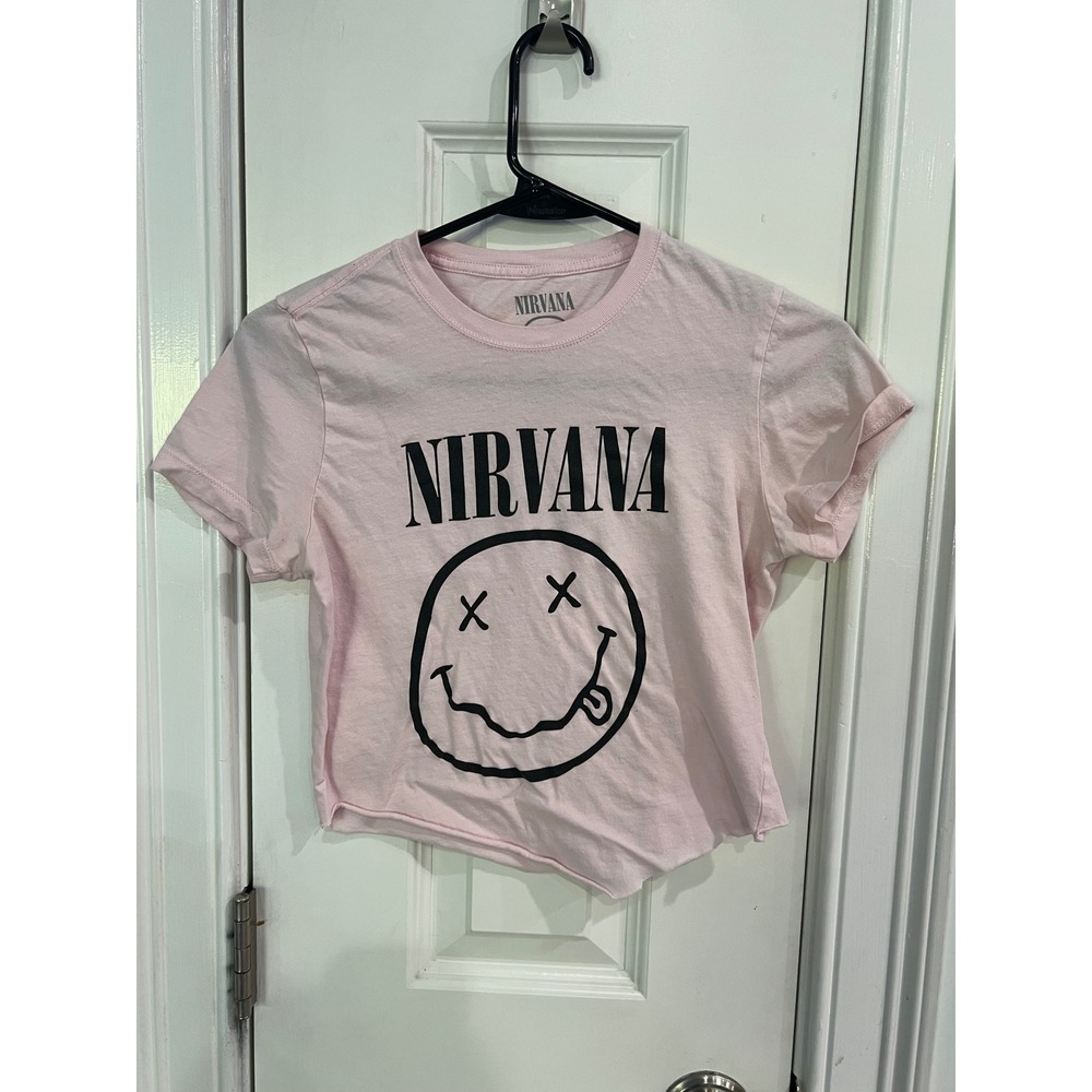 Nirvana Pink Graphic Crop Top T-Shirt Smiley Face Logo XS Short Sleeve Cotton